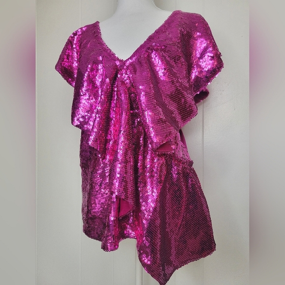 NWT INC International Concepts Fuschia Pop Pink Sequin Flutter Sleeve Top XL - Picture 5 of 12